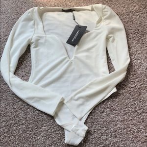 Petite white long sleeve plunge bodysuit